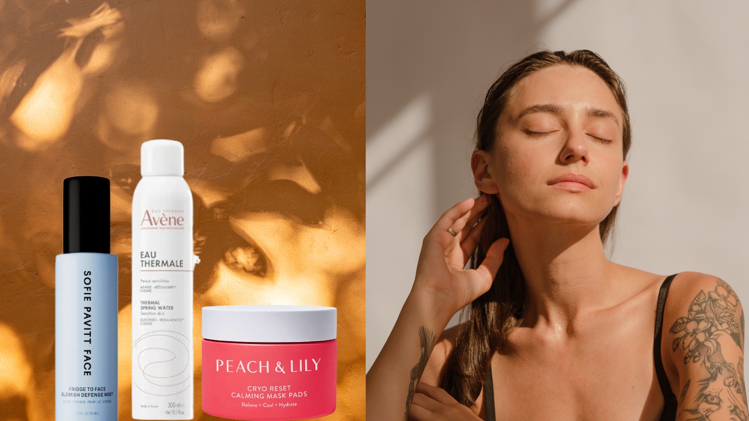a woman with her face in the sun, eyes closed, on a gray background next to a sun-dappled gold background with three skincare products in pink, blue, and white packaging