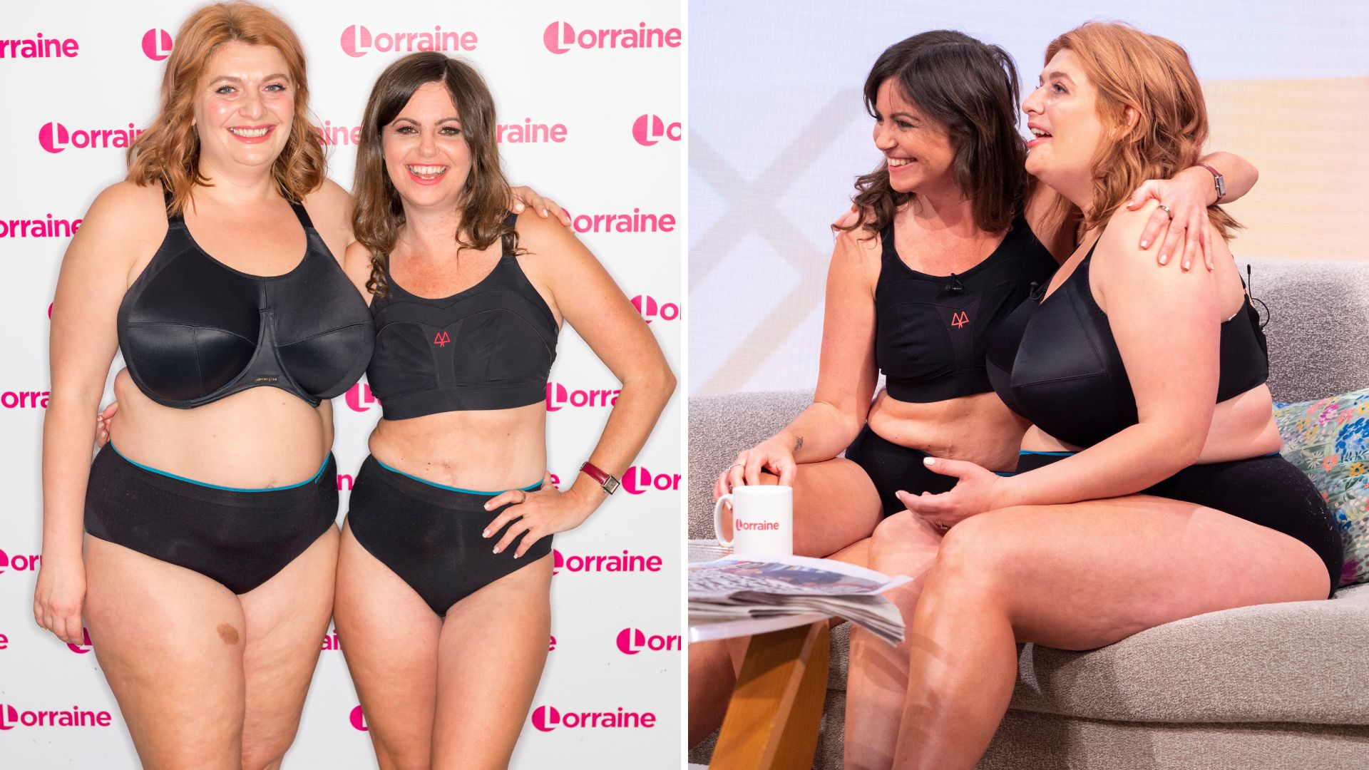 Two images of Bryony Gordon and Deborah James appearing on ITV's Lorraine in their underwear in 2019