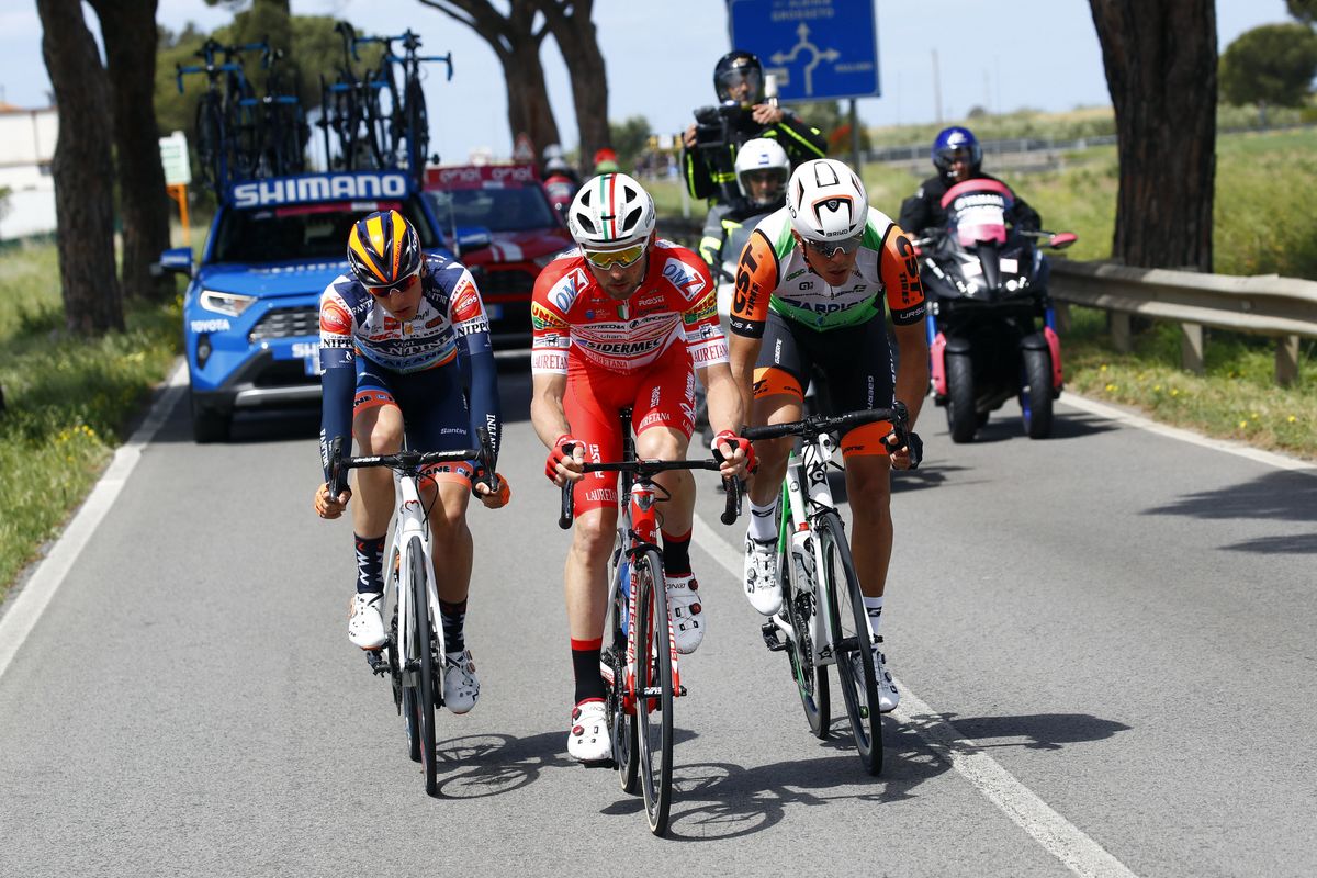 The day's breakaway, Marco Frapporti, Mirco Maestri and Damiano Cima spent plenty of time out front