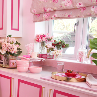 kitchen room with pink walls and pink kitchen cabinets