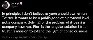 Jack Dorsey's tweet praising Elon Musk's Twitter buyout