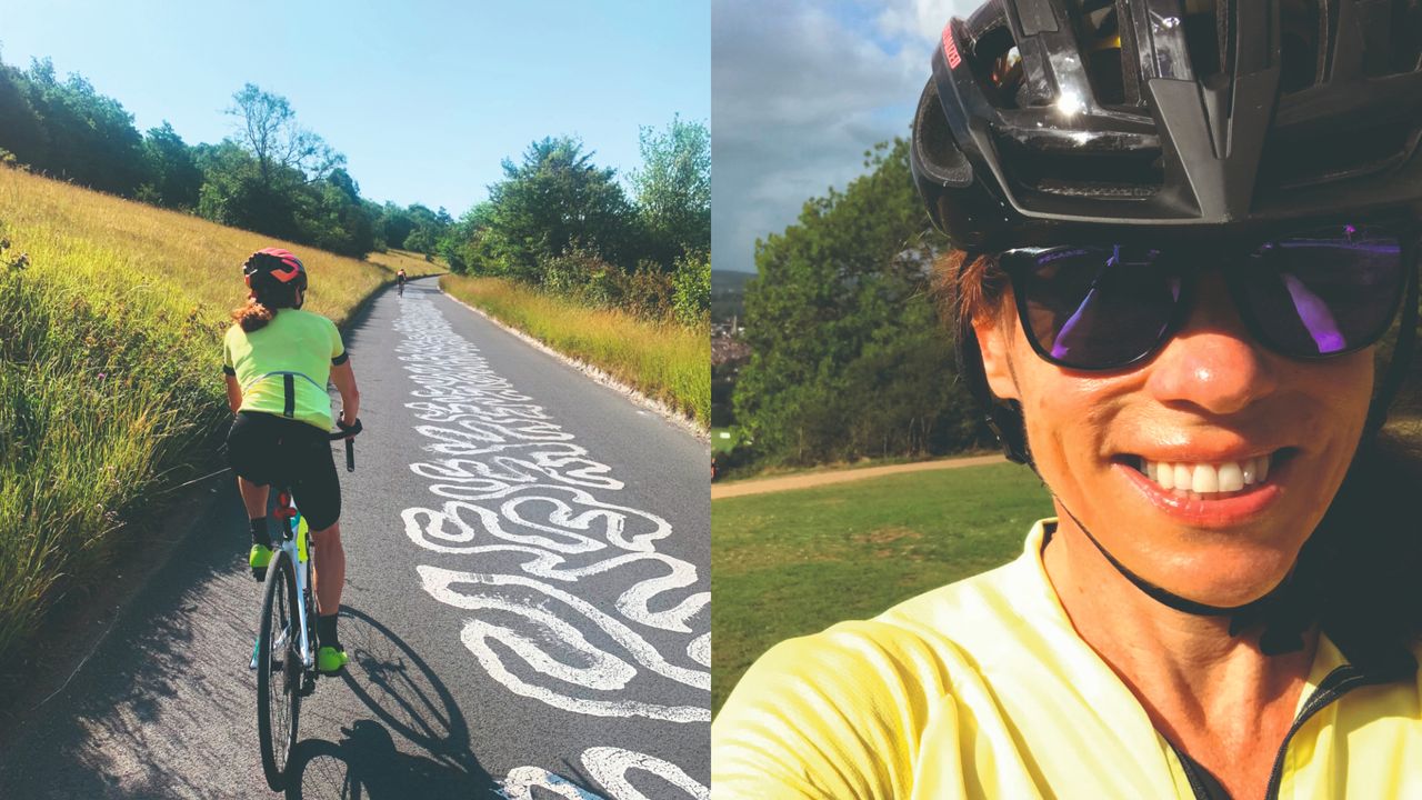 Anita Bean cycling up Box hill in the heat