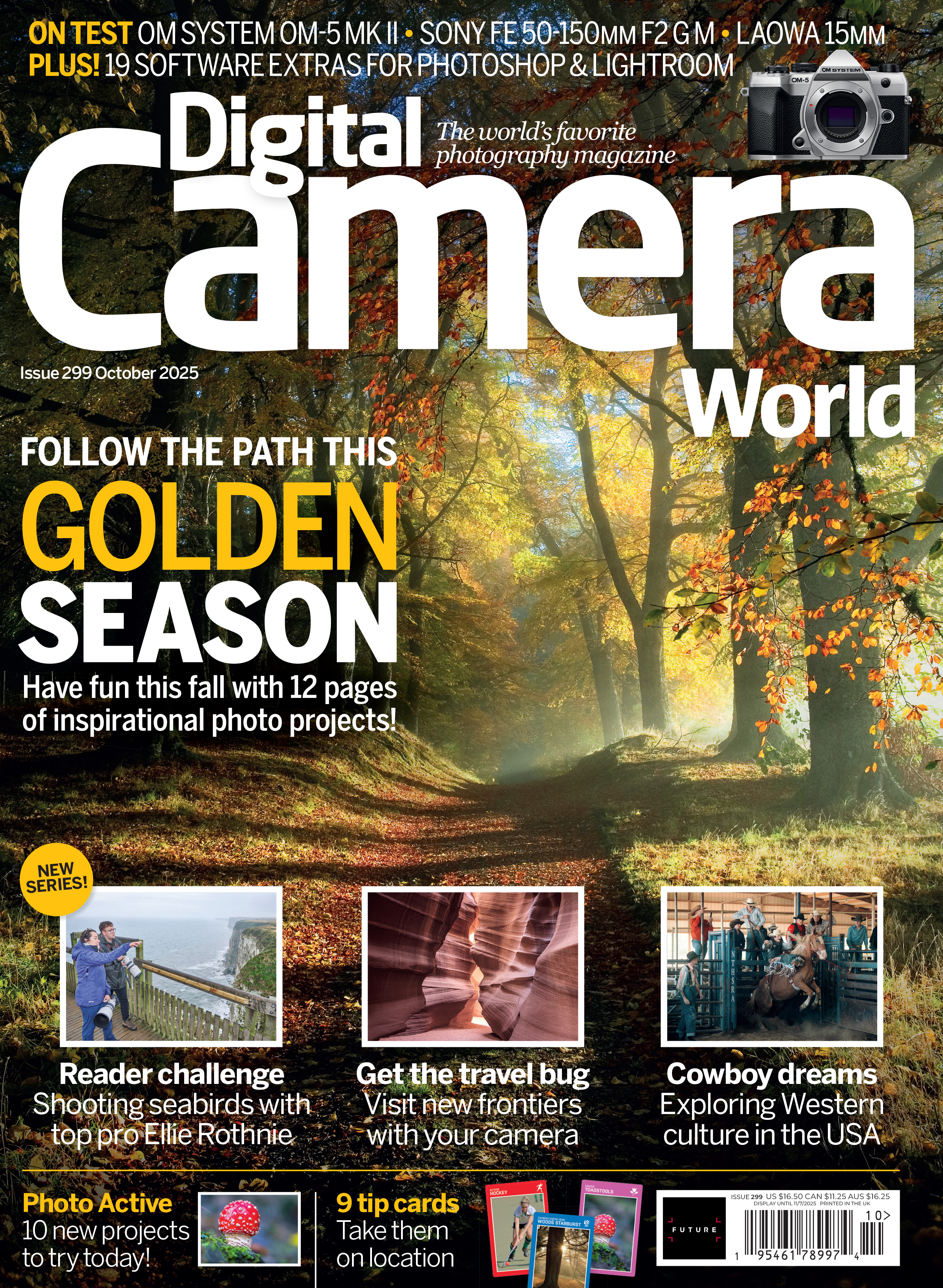 Front cover of issue 299 of Digital Camera magazine, with a &#039;Golden Season&#039; headline describing its autumn cover feature, and which is on sale now