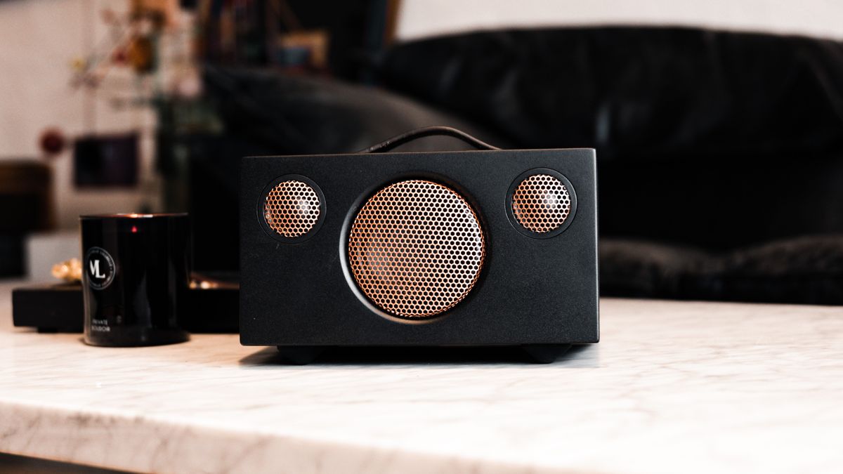 Audio Pro&#039;s T3+ Wargenbrant limited edition speaker on a marble table