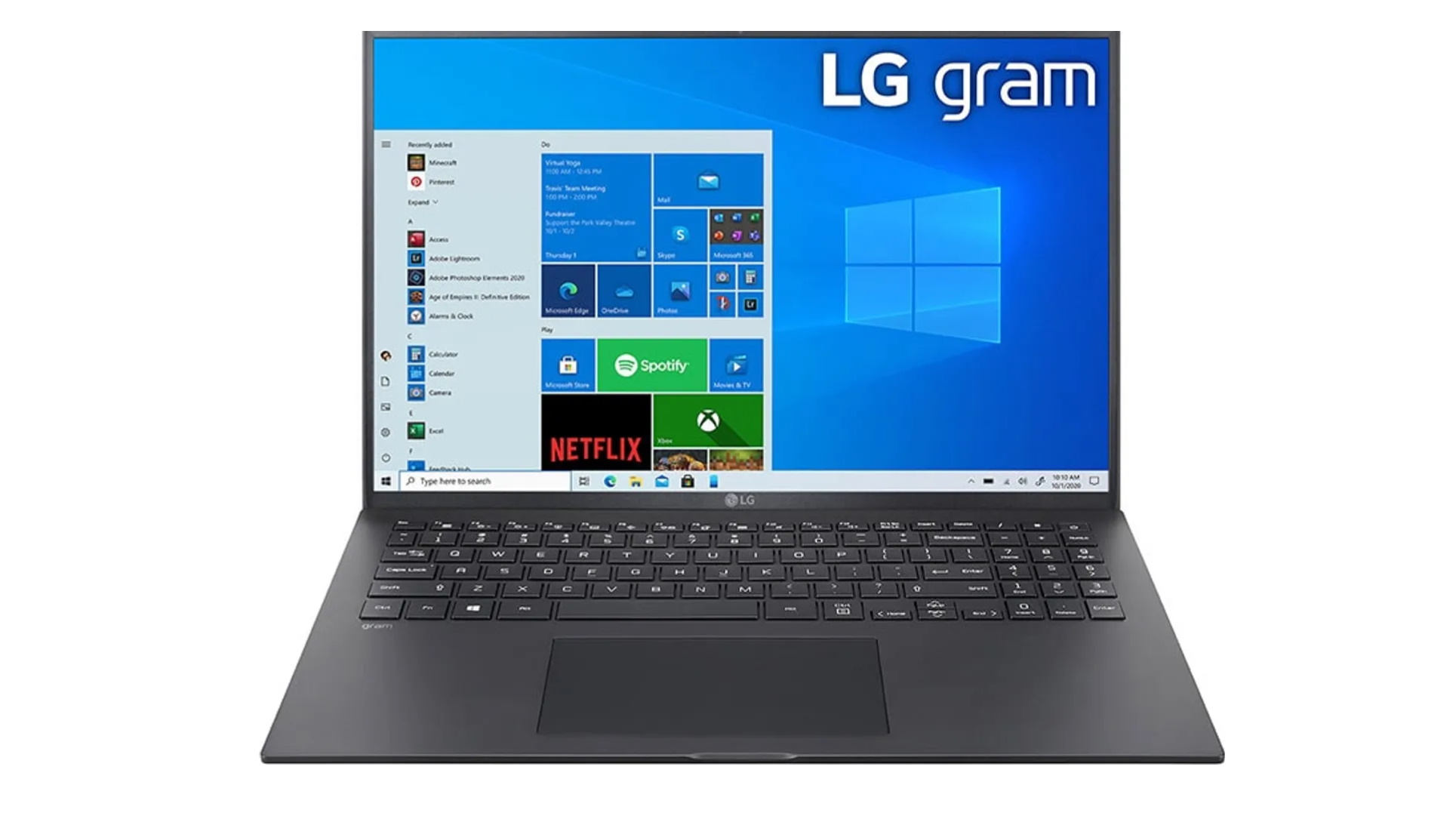 Image of the LG Gram 16 (2021) laptop from the front with Windows 10 desktop on the screen and the Start menu showing