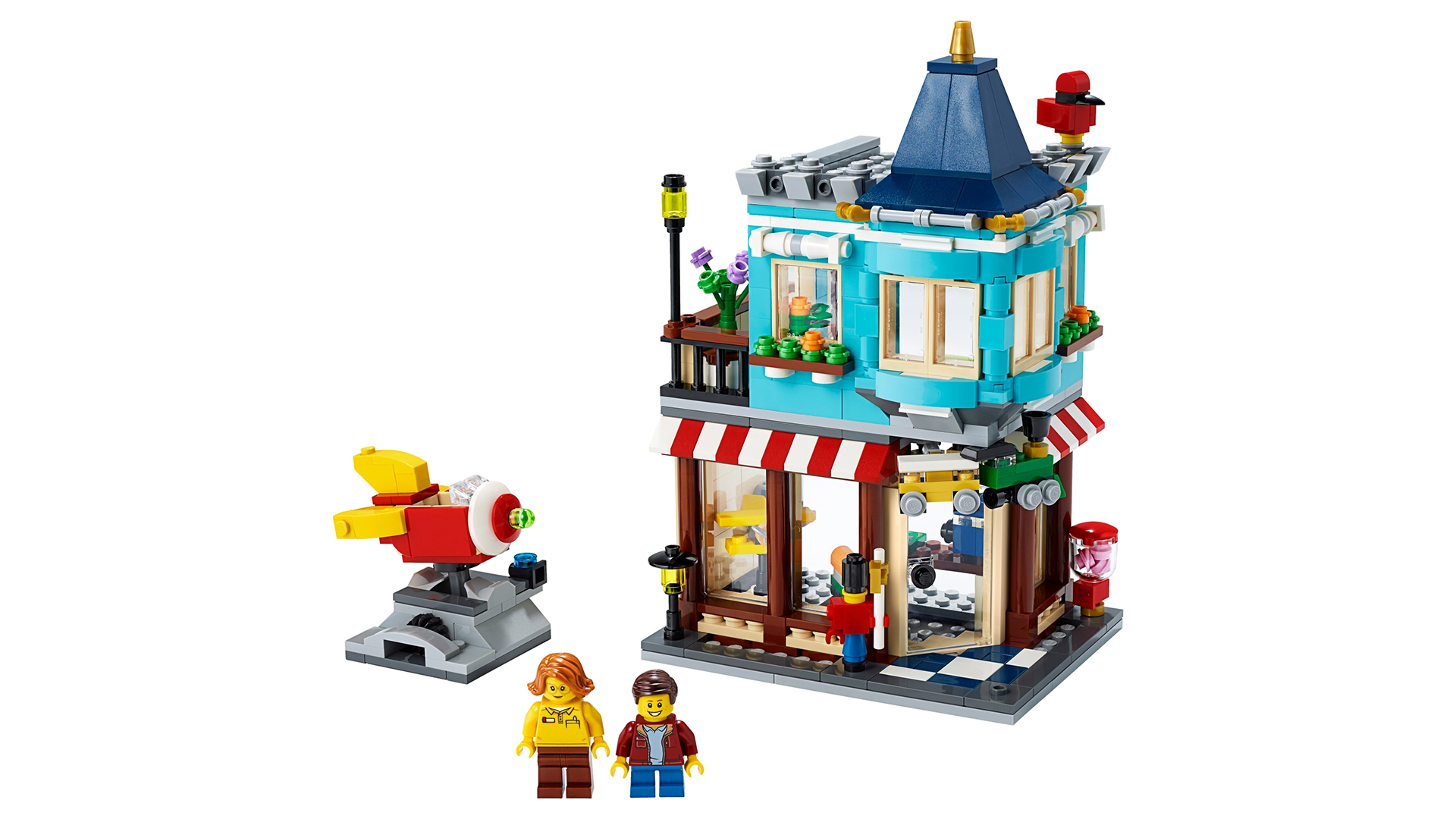 Lego Townhouse Toy Shop on white background