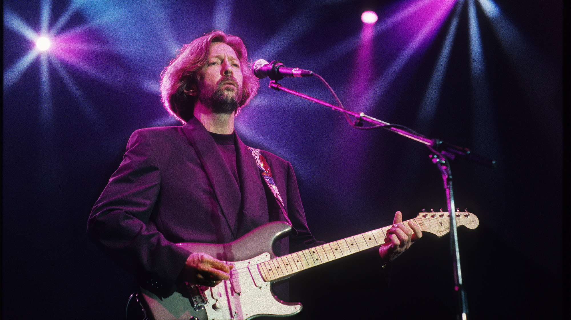 Eric Clapton, performs live on stage at the Statenhal, The Hague, Netherlands, 24th February 1990.
