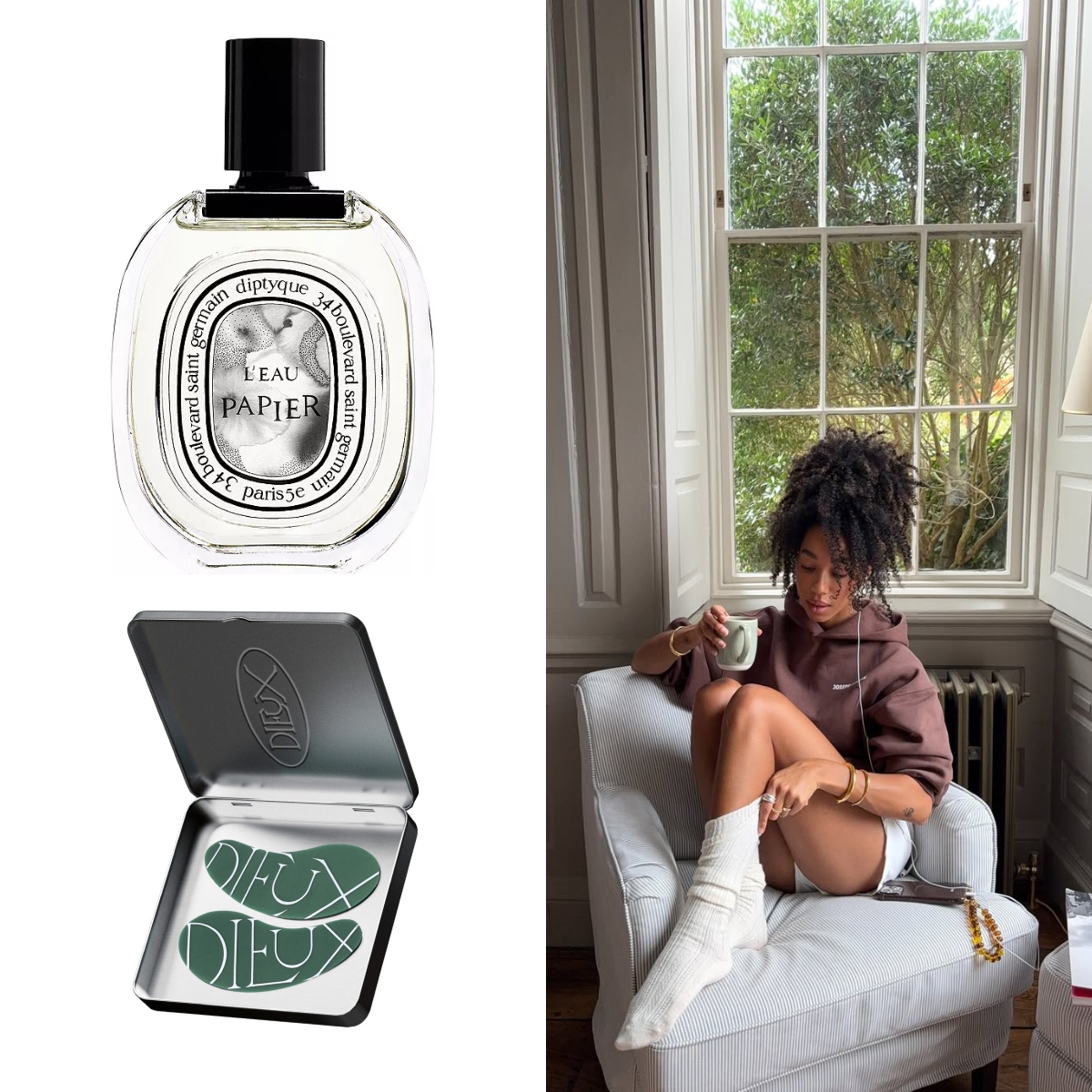 Amaka Hamelijnck, Diptyque Eau Papier Eau de Parfum, and Dieux Forever Eye Mask