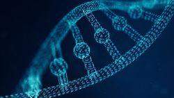 An illustration of a double helix strand of DNA made of 1s and 0s. 
