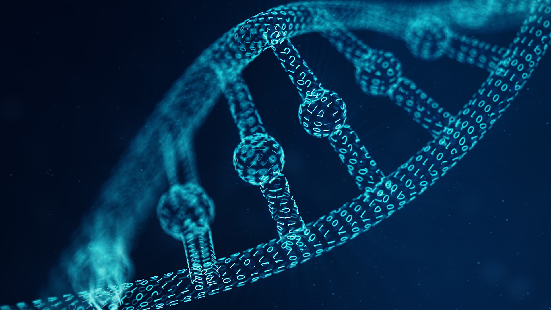 An illustration of a double helix strand of DNA made of 1s and 0s. 