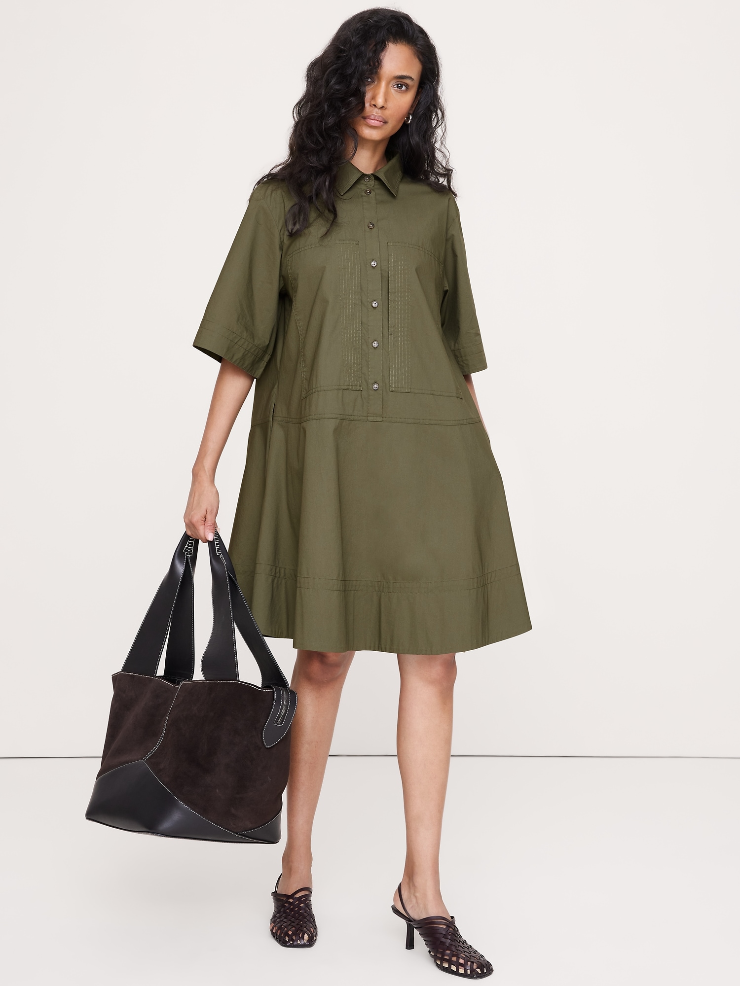 Cotton Poplin Trapeze Mini Shirt Dress