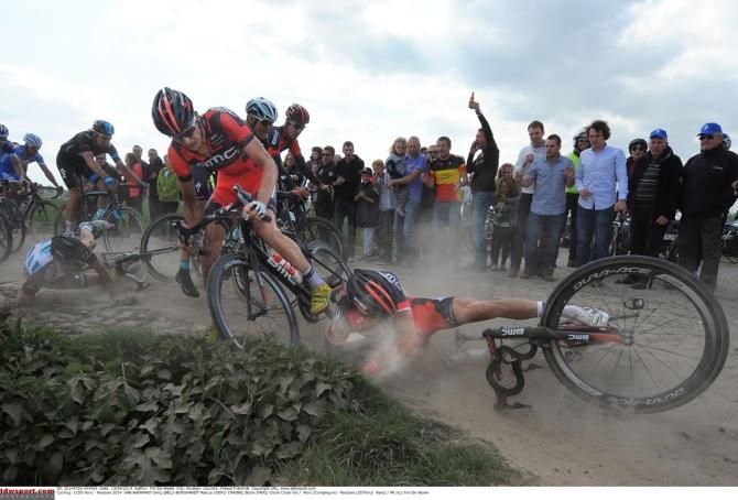 Marcus Burghardt almost falls, Steve Chainel does during Paris-Roubaix