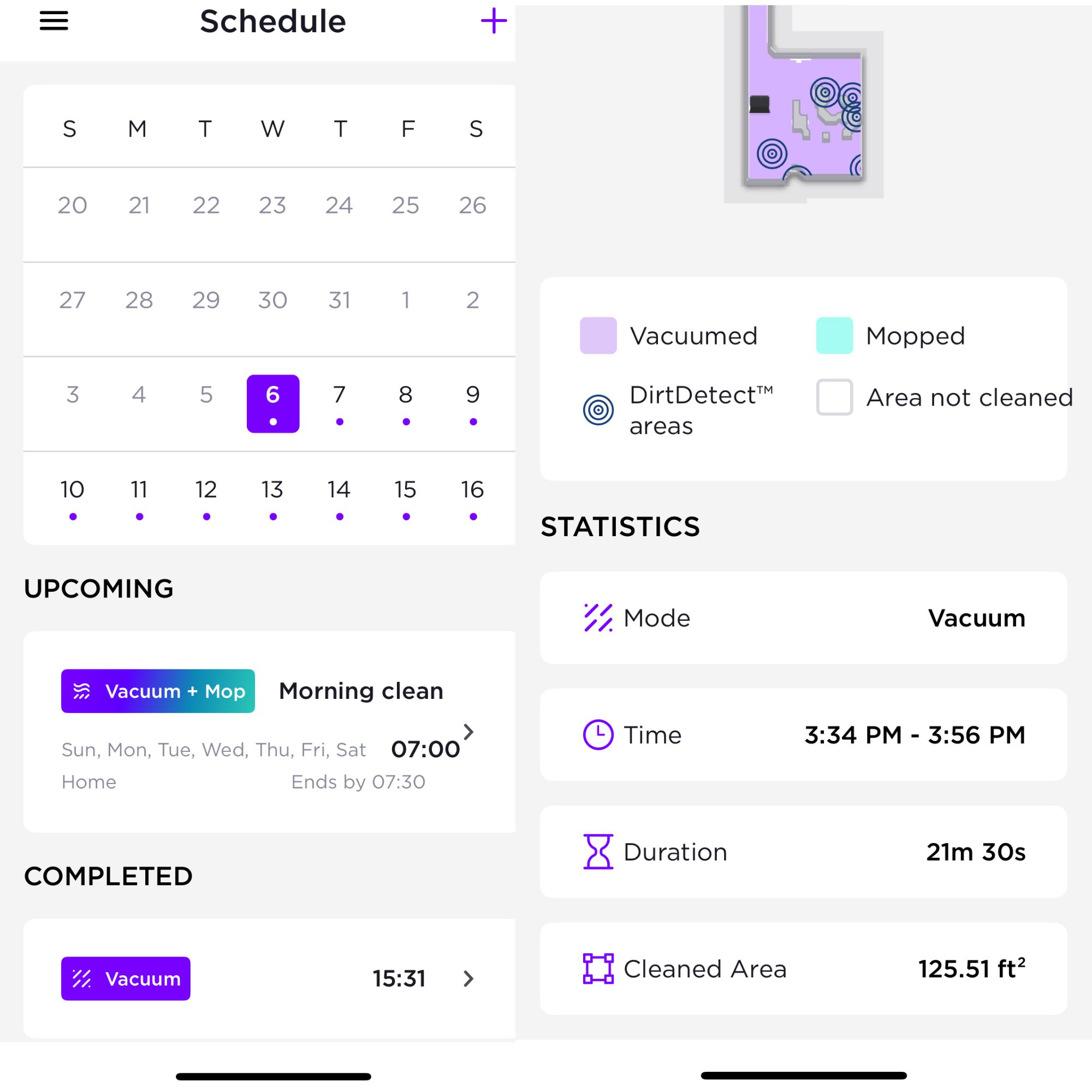 Screenshots of Shark app, showing scheduling info and cleaning info