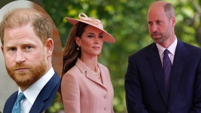 A comp image of Prince Harry (L) with Kate Middleton and Prince William (R)