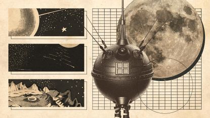 Photo collage of Luna 2, the Moon, and illustrations of space and lunar craters.