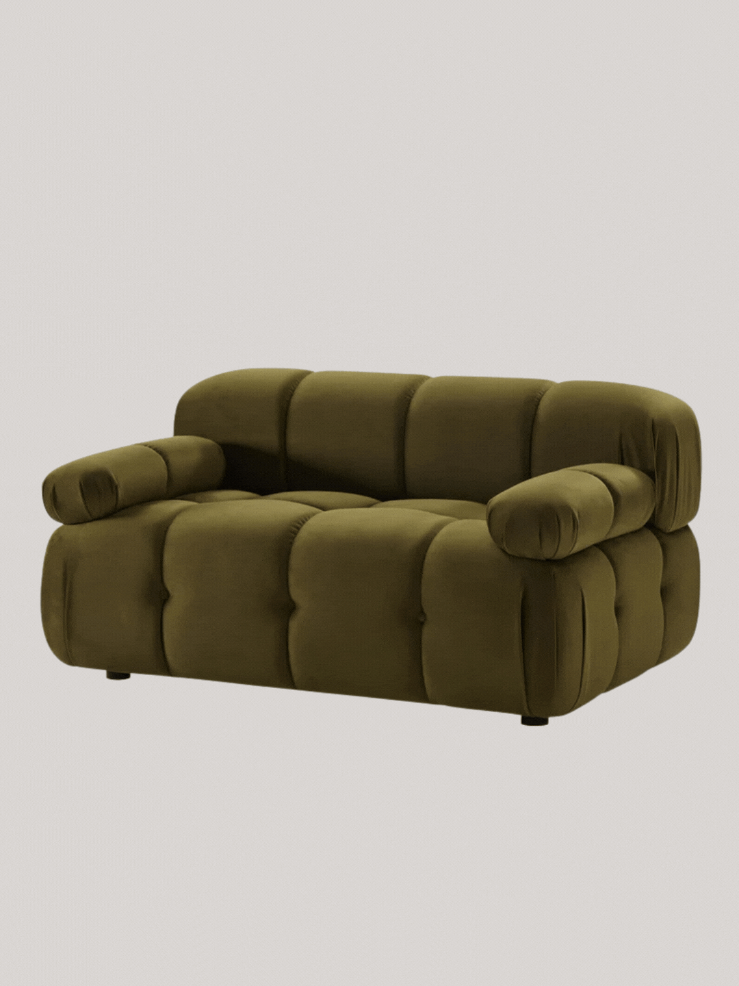 A GIF showing all angles of a green two-seater sofa from DUSK