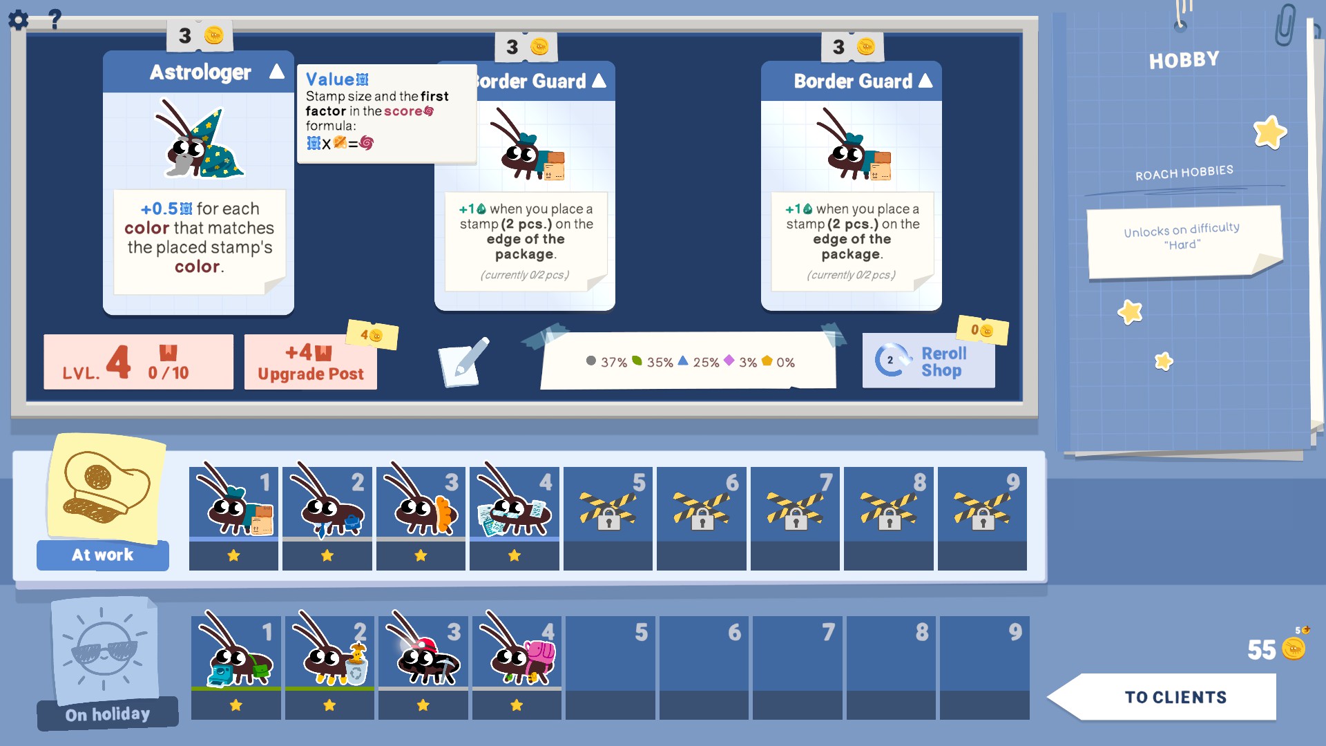 In Roach Post, the shop menu can be seen showing the different roaches you can hire for the post office, with an Astrologer and two border guard roaches available 