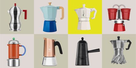 2x4 checkboard of different product images that all containing a moka pot.