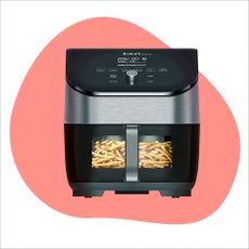 Three of the best air fryers on an Ideal Home style background