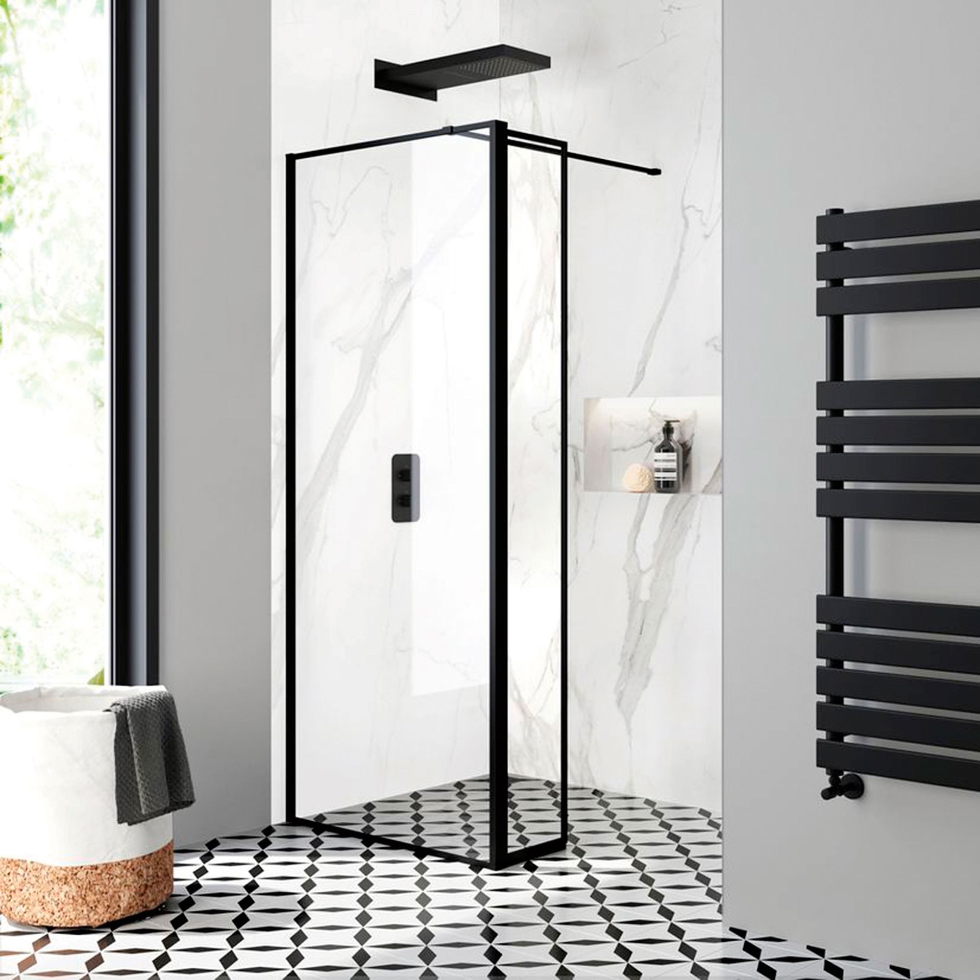 White bathroom with walk in shower enclosure
