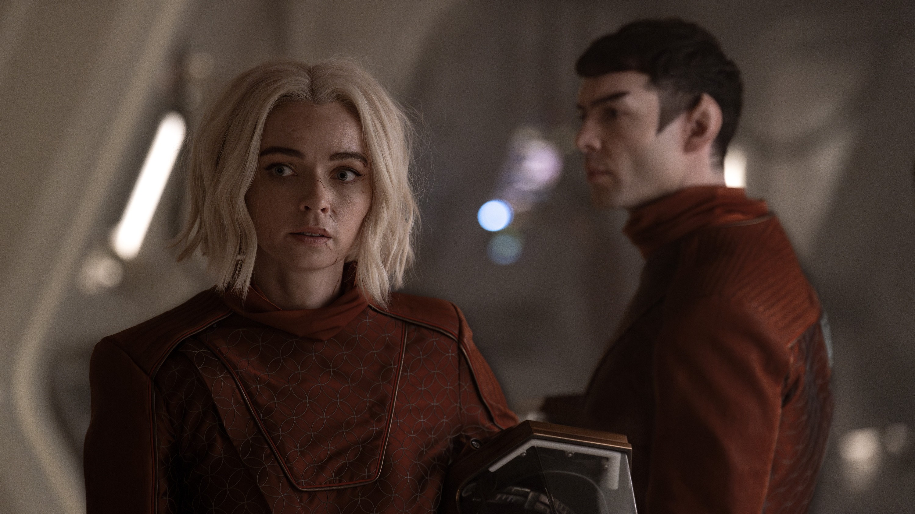 Jess Bush as Chapel and Ethan Peck as Spock looking worried in Star Trek: Strange New Worlds season 3