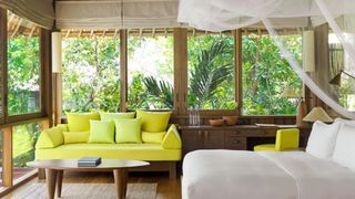 A calm bedroom surrounded by greenery and plants with a yellow sofa