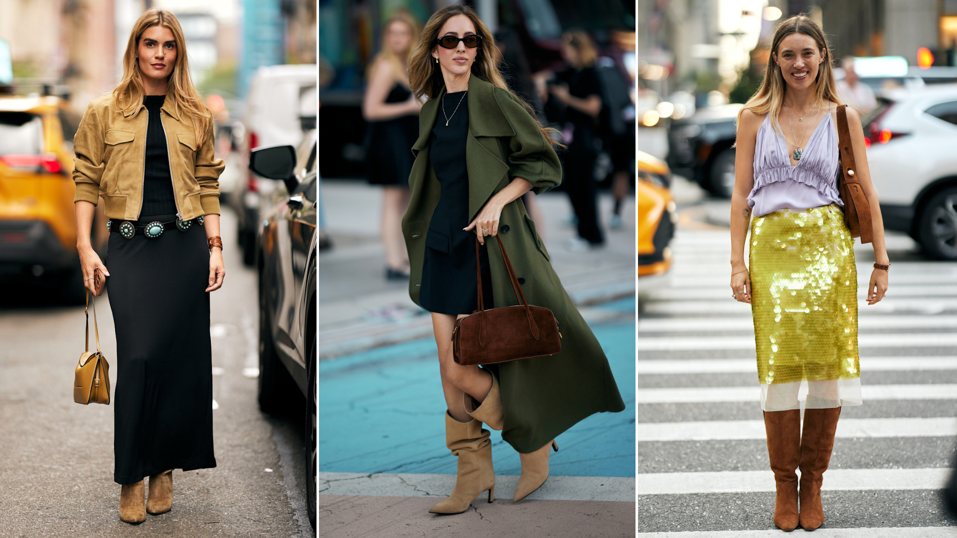 Split image of spring 2026 fashion week attendees wearing suede boots 