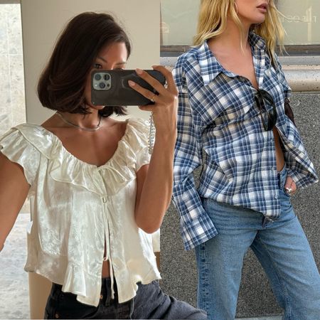 @smythesisters wearing a silk top and jeans; @meganadelaide wearing a plaid button-down and jeans