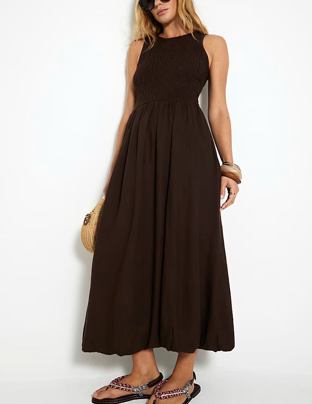 River Island , Brown Sleeveless Bubble Hem Racer Midi Dress