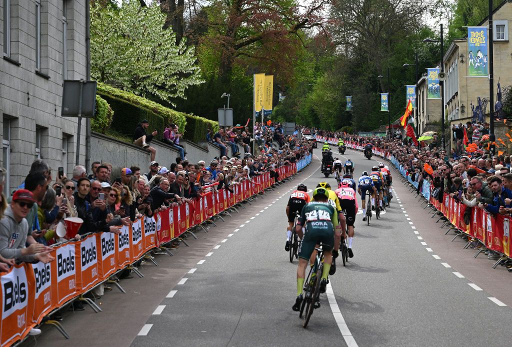 BERG EN TERBLIJT NETHERLANDS APRIL 14 A general view of Marc Hirschi of Switzerland and UAE Team Emirates Thomas Pidcock of The United Kingdom and Team INEOS Grenadiers Tiesj Benoot of Belgium and Team Visma Lease a Bike Mauri Vansevenant of Belgium and Team Soudal QuickStep Roger Adria of Spain and Team BORA hansgrohe Bauke Mollema of The Netherlands and Team Lidl Trek Paul Lapeira of France and Decathlon AG2R La Mondiale Team Kevin Vauquelin of France and Team Arkea BB Hotel Valentin Madouas of France Quentin Pacher of France and Team Groupama FDJ and Pello Bilbao of Spain and Team Bahrain Victorious competing in the breakaway through the Cauberg during the 58th Amstel Gold Race 2024 Mens Elite a 2536km one day race from Maastricht to Berg en Terblijt on UCIWT April 14 2024 in Berg en Terblijt Netherlands Photo by Dario BelingheriGetty Images