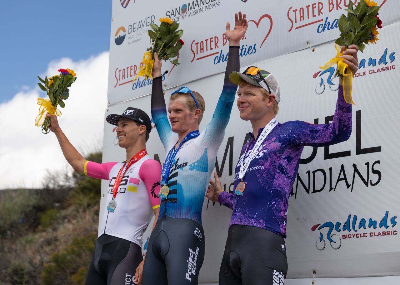 Stage podium, Tyler Stites (Project Echelon Racing) 1st, Xander White (CS Velo) 2nd, and Tim McBirney (3rd). Both White and McBirney moved into classification jerseys after the stage (Yellow and white respectively).