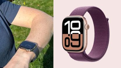 Apple Watch worn by Kerrie Hughes next to product with sport strap, as in the Apple Watch Prime Day sale