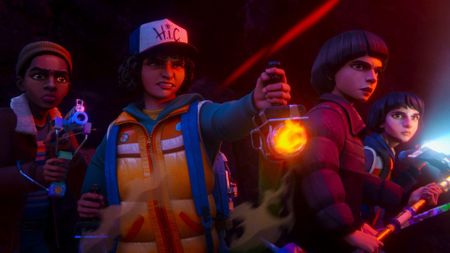 Lucas, Dustin, Will, and Mike in Stranger Things: Tales From '85