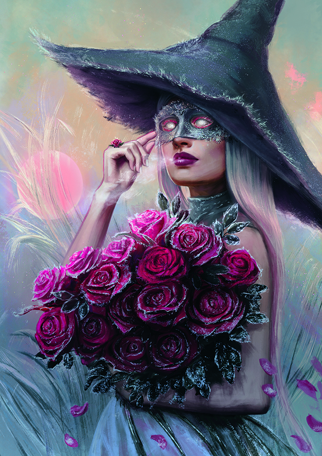Artist portrait; a witch holds red roses