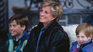 Princess Diana (1961 - 1997) with her sons Prince William (left) and Prince Harry on a skiing holiday in Lech, Austria, 30th March 1993