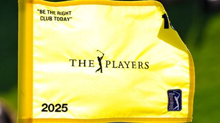 A close-up of The Players Championship pin flag on the 18th hole in 2025