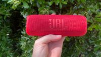 JBL Flip 6 being held in front of a bush 