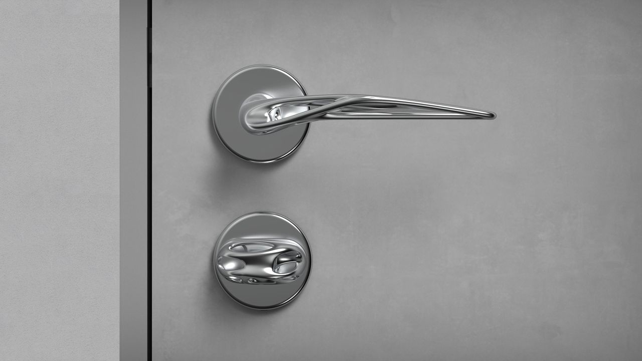 silver door handle on grey door