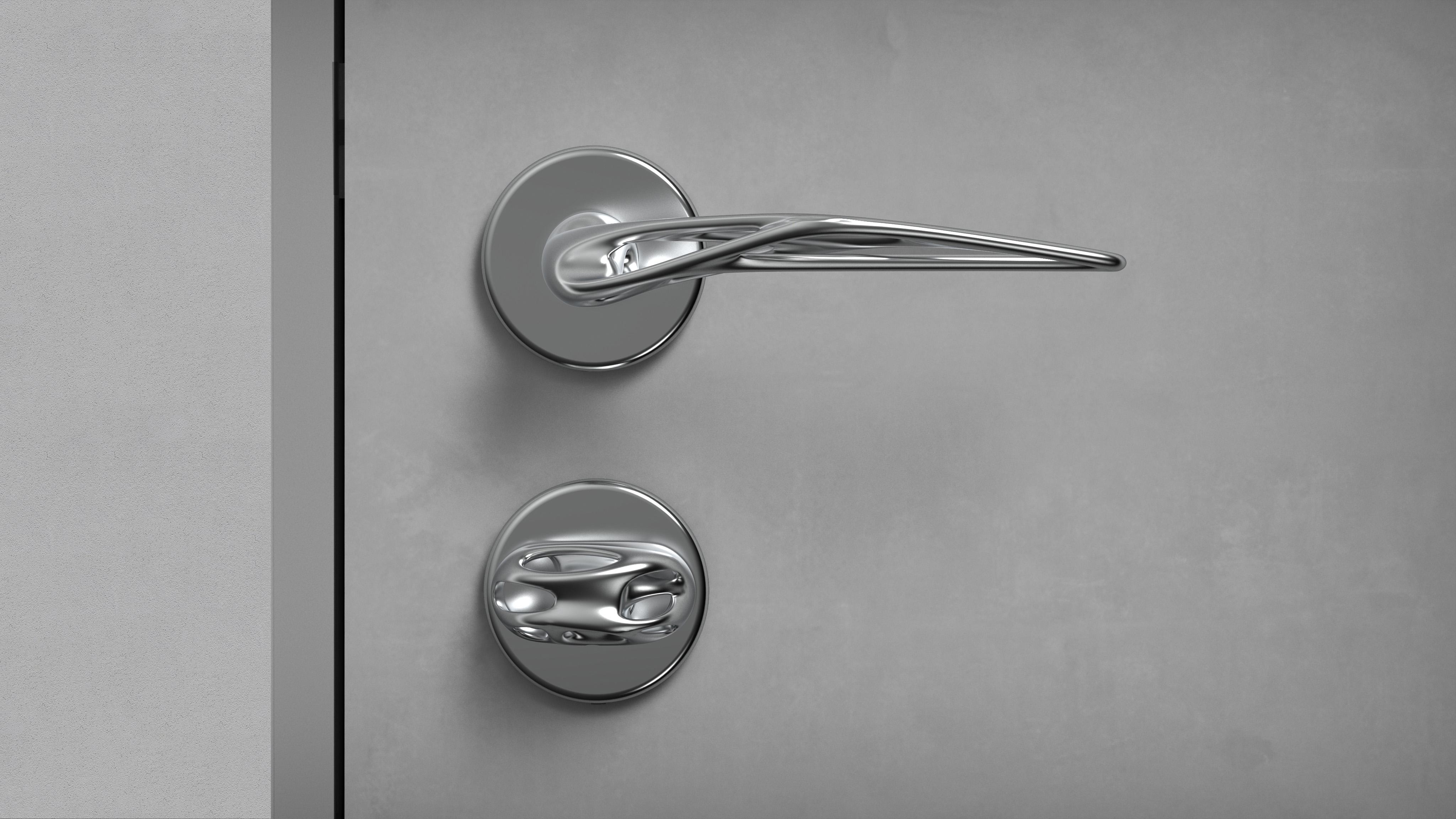 silver door handle on grey door