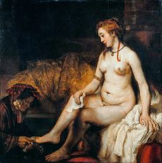 Bathsheba at her Bath, 1654, 56in by 56in, by Rembrandt van Rijn (1606–69), The Louvre, Paris￼.