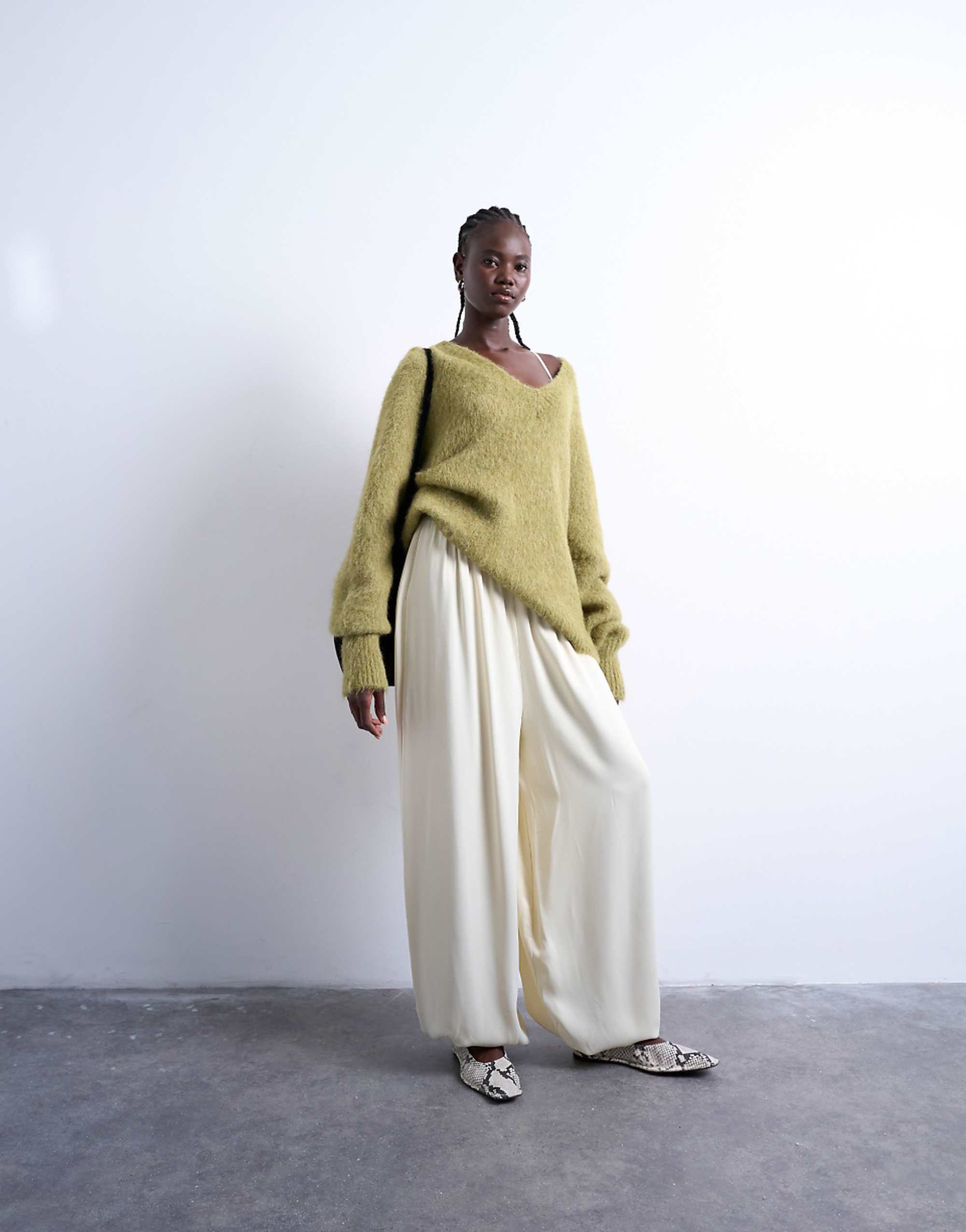 Topshop Satin High Waisted Oversized Balloon Hem Trousers in Oyster