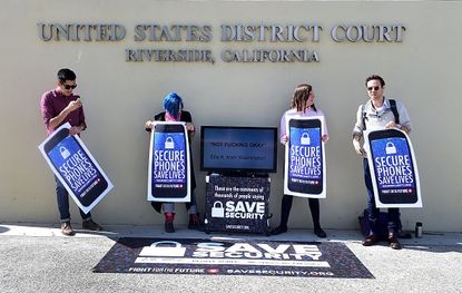 Protesters in front of the federal court in Riverside, California.