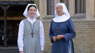 Molly Vevers in a grey postulant nun's outfit as Sister Catherine and Jenny Agutter in a blue nun's outfit as Sister Julienne in Call the Midwife