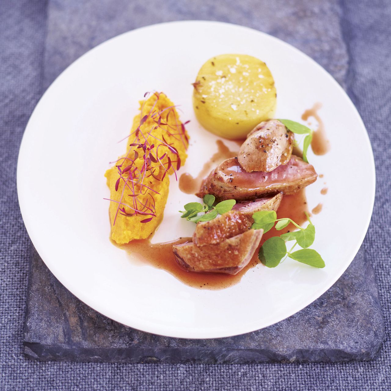 Pan roasted duck breast with mini fondant potatoes photo