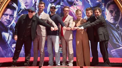 Kevin Feige, Chris Hemsworth, Chris Evans, Robert Downey Jr., Scarlett Johansson, Jeremy Renner and Mark Ruffalo