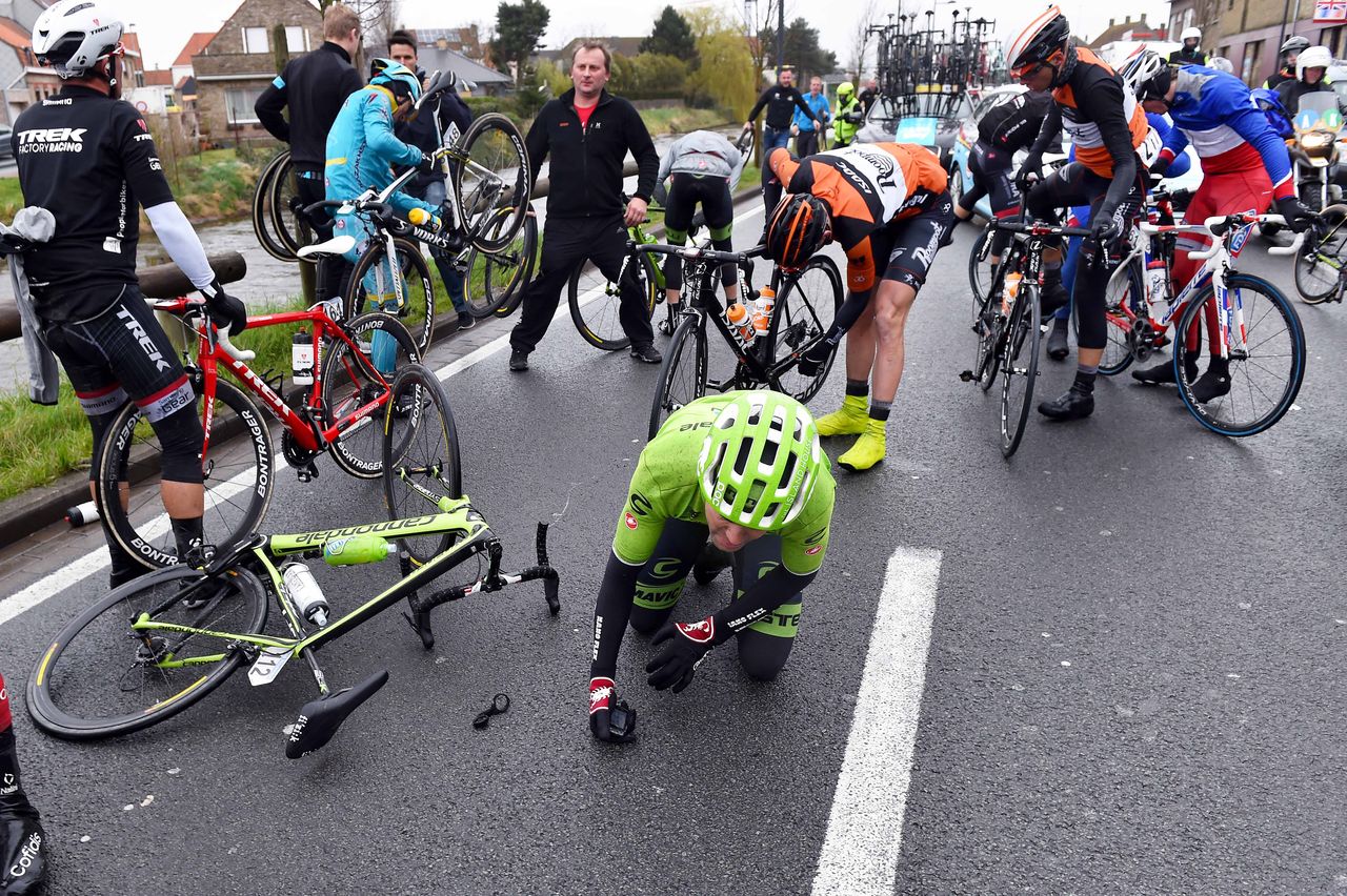 Jack Bauer (Cannondale-Garmin) tried to get up after a heavy crash