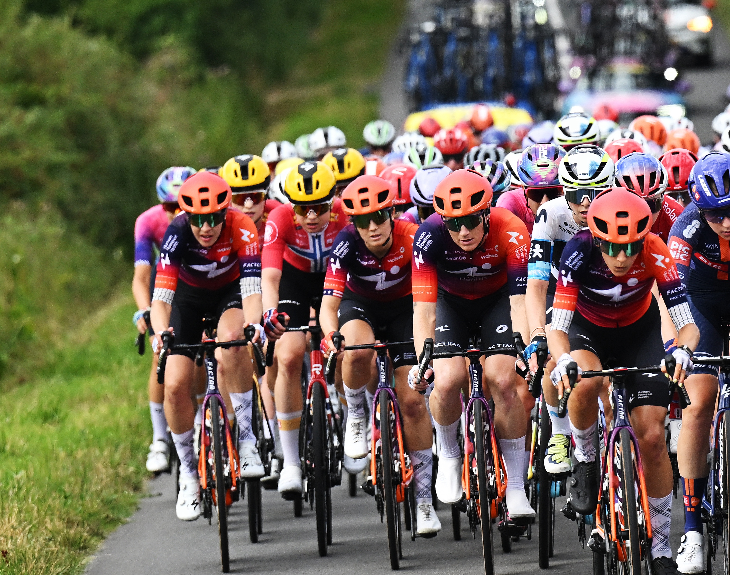 POITIERS, FRANCE - JULY 29: (L-R) Lily Williams of The United States and Team Human Powered Health, Liane Lippert of Germany and Team Movistar and Pauline Ferrand-Prevot of France and Team Visma | Lease a Bike compete during the 4th Tour de France Femmes 2025, Stage 4 a 130.7km stage from Saumur to Poitiers / #UCIWWT / on July 29, 2025 in Poitiers, France. (Photo by Szymon Gruchalski/Getty Images)