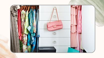 Close up shot of a white wardrobe with doors open to show colourful clothes hanging and a pink Chanel bag hung from the door knob of the drawers