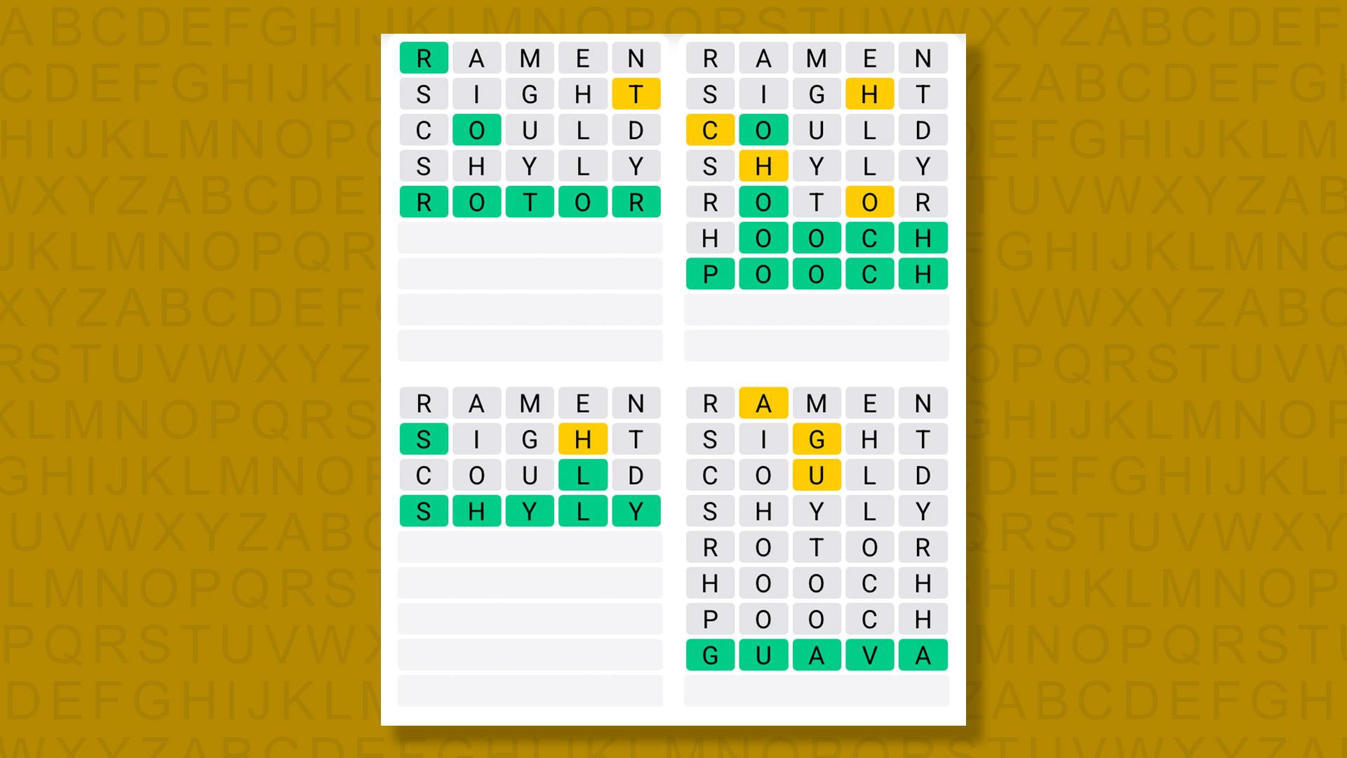 Quordle answers for game 1357 on a yellow background