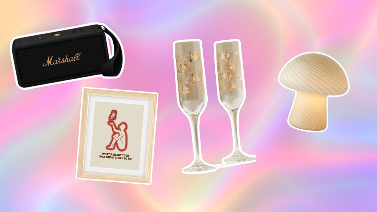 Graduation gifts on hollographic pink background with Marshall speaker, wall art, gold glasses and a mushroom lamp